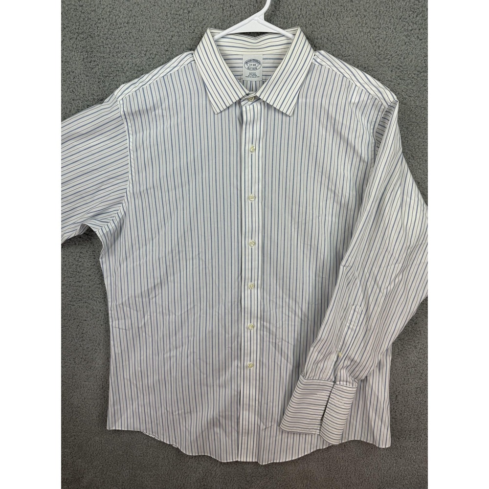 Brooks Brothers Shirt Mens 17-34 White Blue Striped Slim Fit Non Iron Preppy